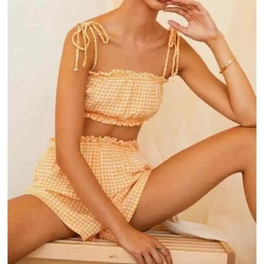 NEW Dippin’ Daisys Oasis top and short matched set Large peach gingham